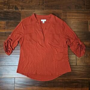 Calvin Klein Burnt Orange Roll Tab 3/4 Sleeves Women's Large Blouse